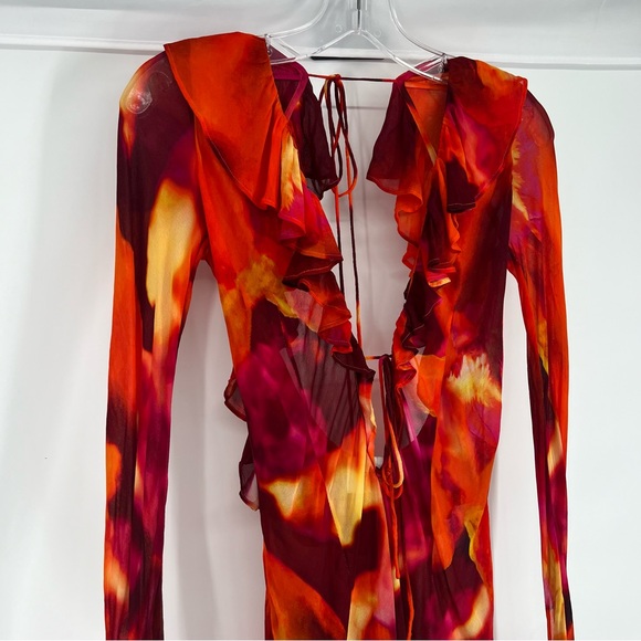 Rat & Boa Dali Red Watercolor Ruffle Tie Front Sheer Low Back Mini Dress XS - Picture 8 of 15